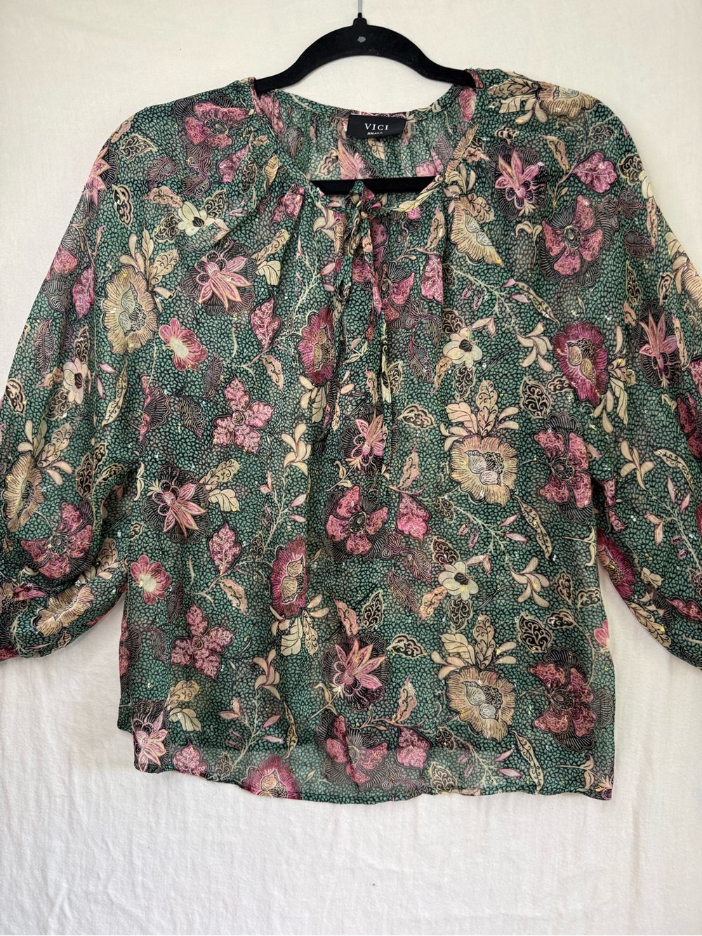 VICI Green Floral Tie-Neck Sheer Baloon Sleeve Blouse Size S